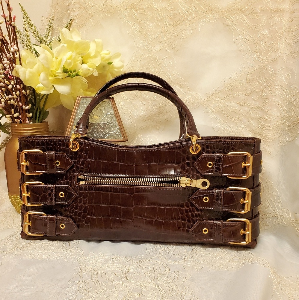 Brown Croc-Embossed Leather Top-Handle Bag with Gold Hardware